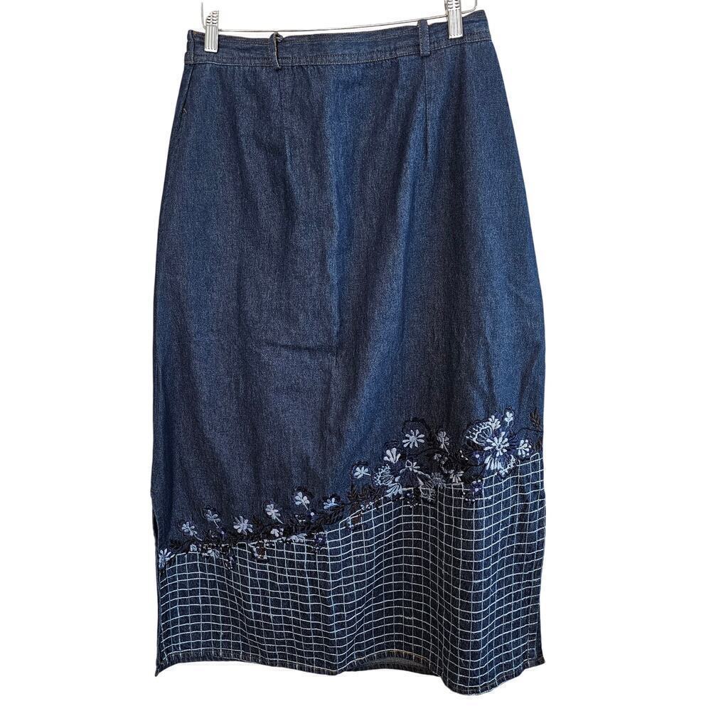 Vintage Studio West Denim Skirt Women Sz 8 Blue Maxi 90s Cottage Western Floral